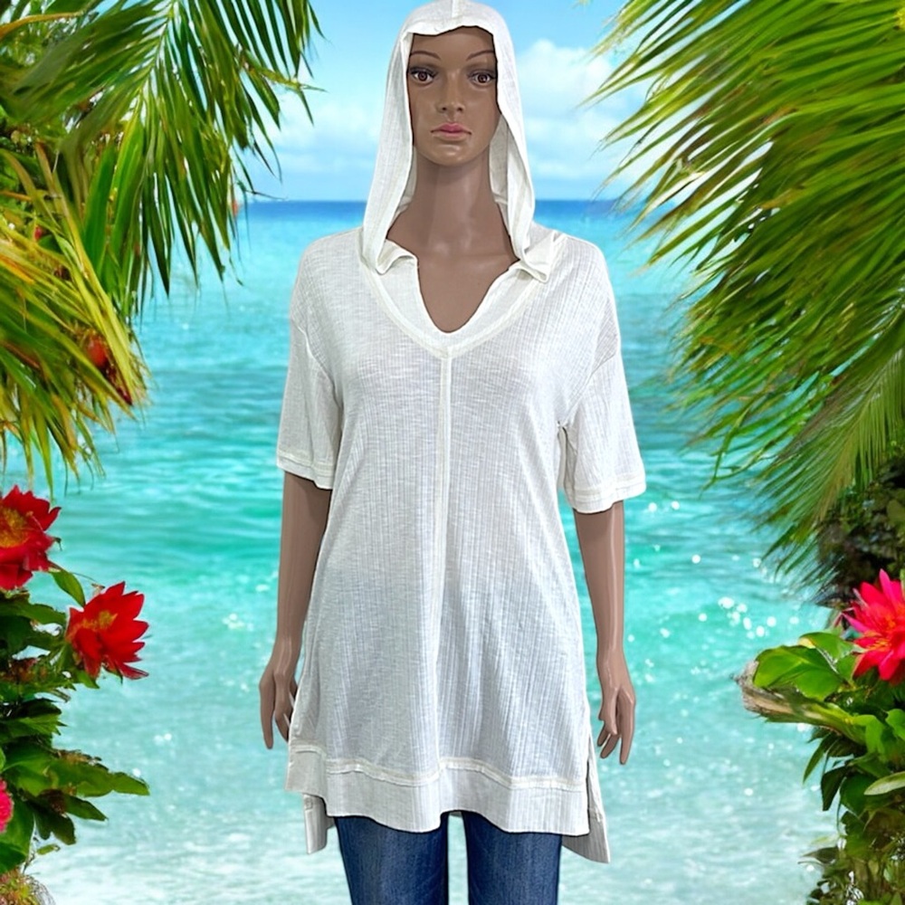 NEW Mur Mur Off-White Ribbed Short Sleeve Hooded Swimsuit Coverup - Picture 16 of 16